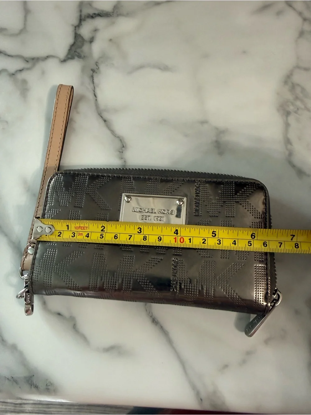 Michael Kors Metallic Brown Logo Zip Wristlet with Beige Strap